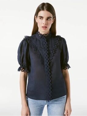 FRAME Embroidered High-Neck Blouse in Navy